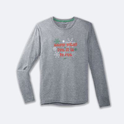 Brooks Run Merry Distance Baskılı Long Sleeve Erkek Tişört Gri | TR-918524