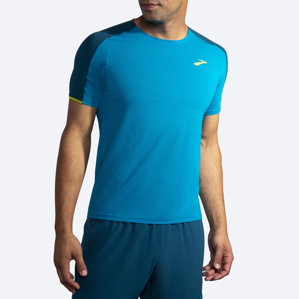 Brooks Atmosphere Short Sleeve Erkek Tişört Mavi/Koyu Yeşil | TR-835762