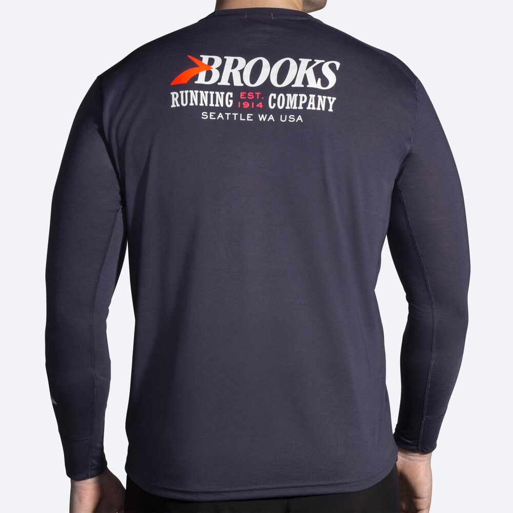 Brooks Distance Baskılı Long Sleeve Erkek Tişört Lacivert | TR-304716