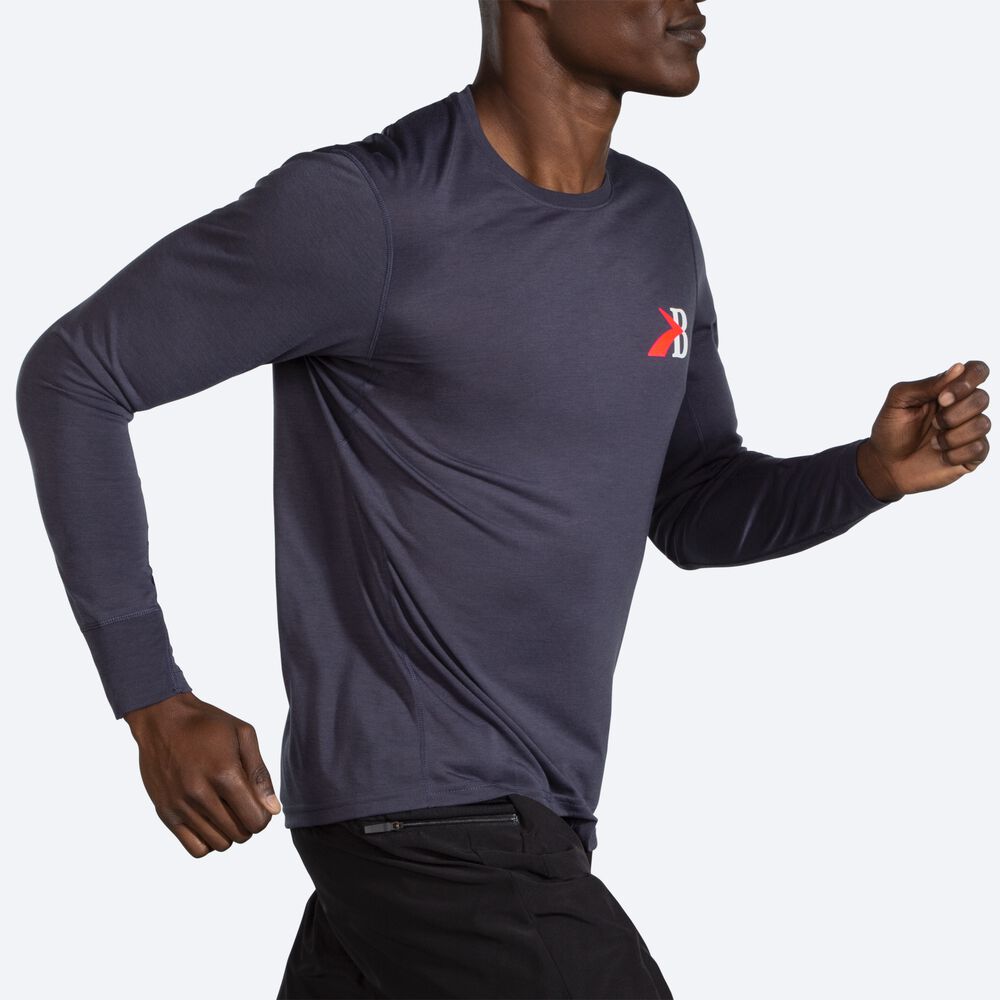 Brooks Distance Baskılı Long Sleeve Erkek Tişört Lacivert | TR-304716