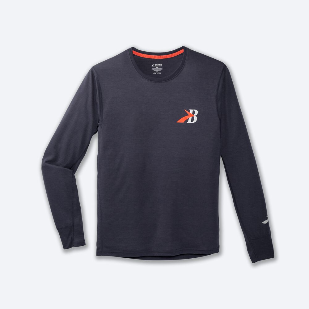 Brooks Distance Baskılı Long Sleeve Erkek Tişört Lacivert | TR-304716