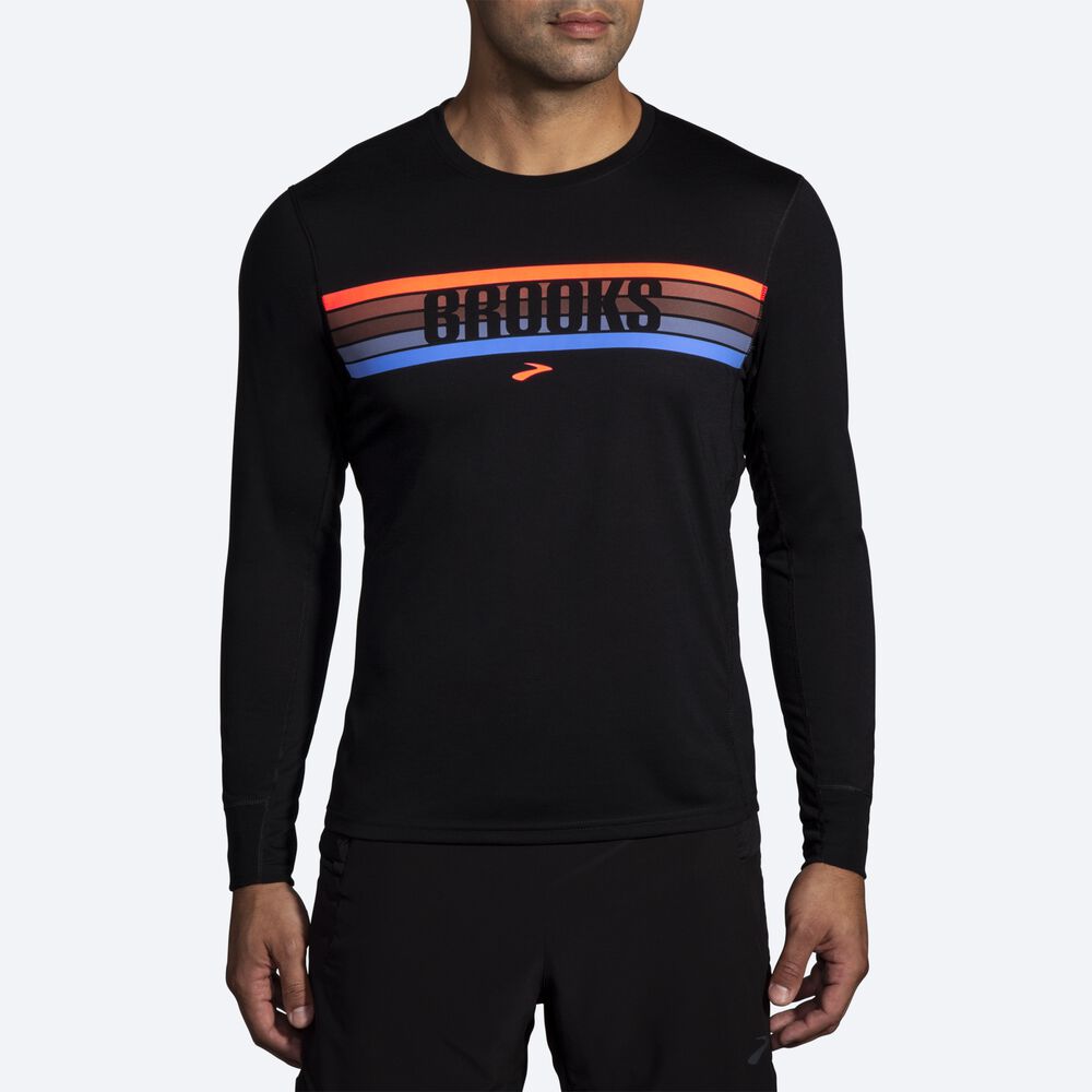 Brooks Distance Baskılı Long Sleeve Erkek Tişört Siyah/Çizgili | TR-764820