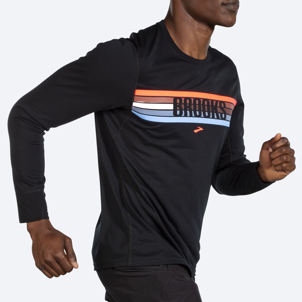 Brooks Distance Baskılı Long Sleeve Erkek Tişört Siyah/Çizgili | TR-764820