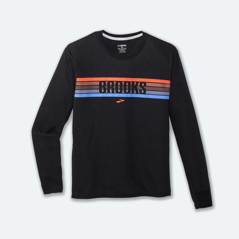 Brooks Distance Baskılı Long Sleeve Erkek Tişört Siyah/Çizgili | TR-764820