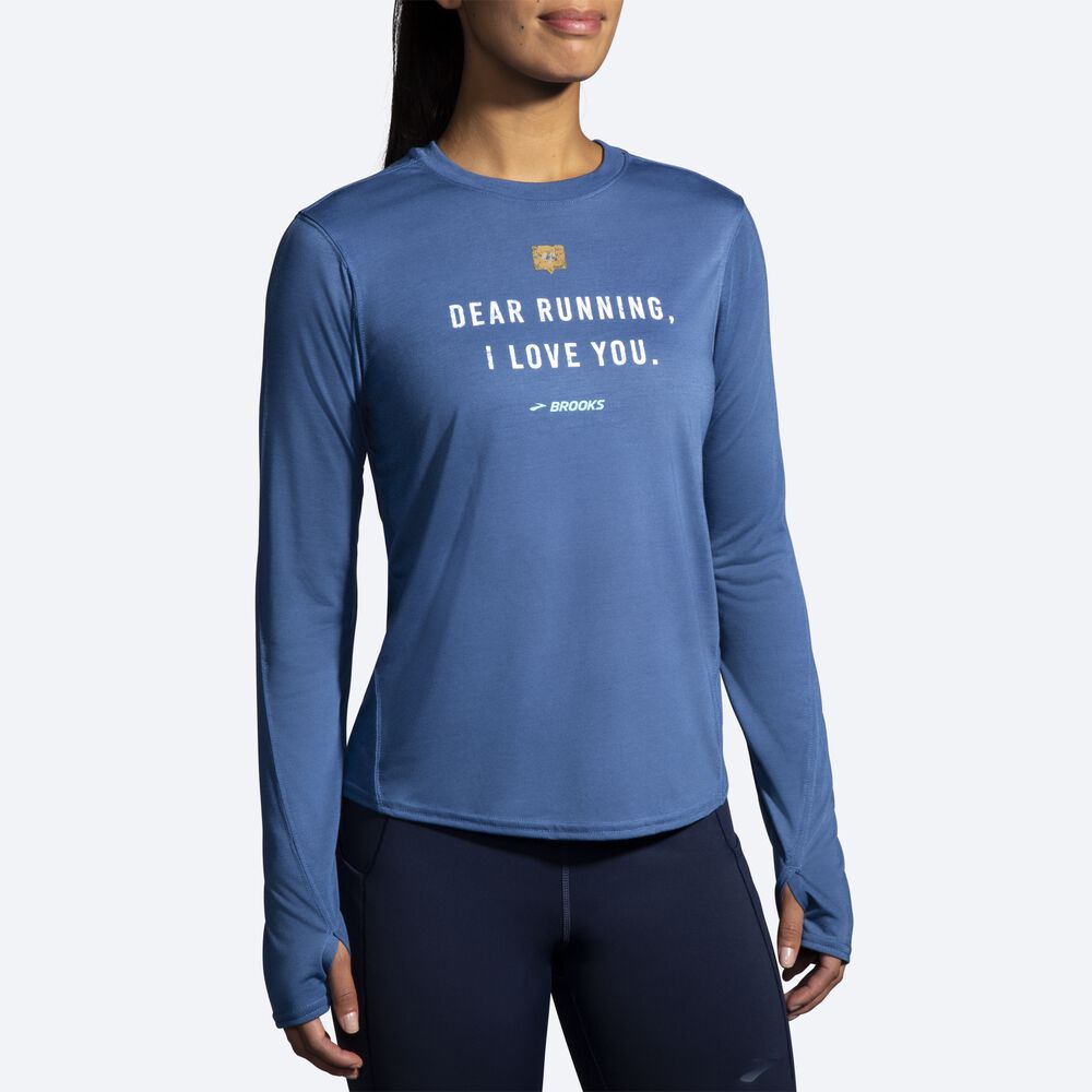 Brooks Distance Baskılı Long Sleeve Kadın Tişört Mavi Gri | TR-531482