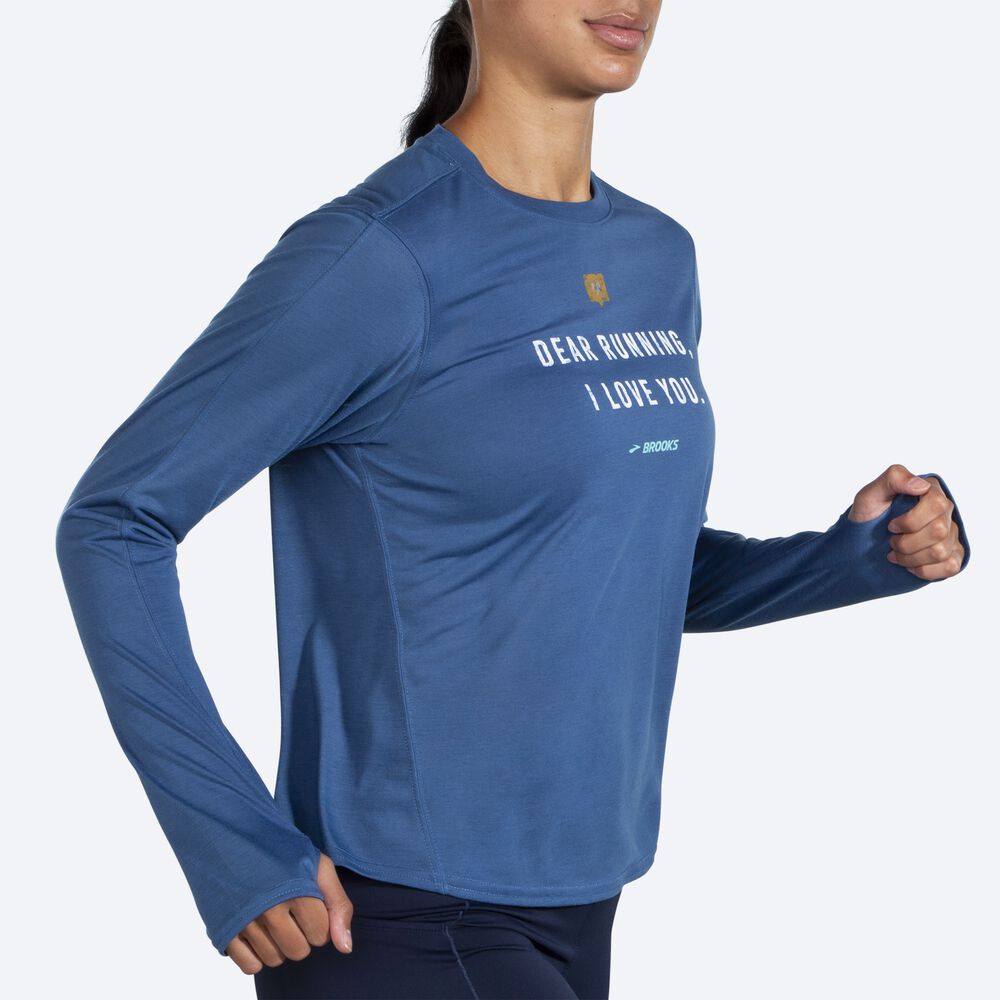 Brooks Distance Baskılı Long Sleeve Kadın Tişört Mavi Gri | TR-531482