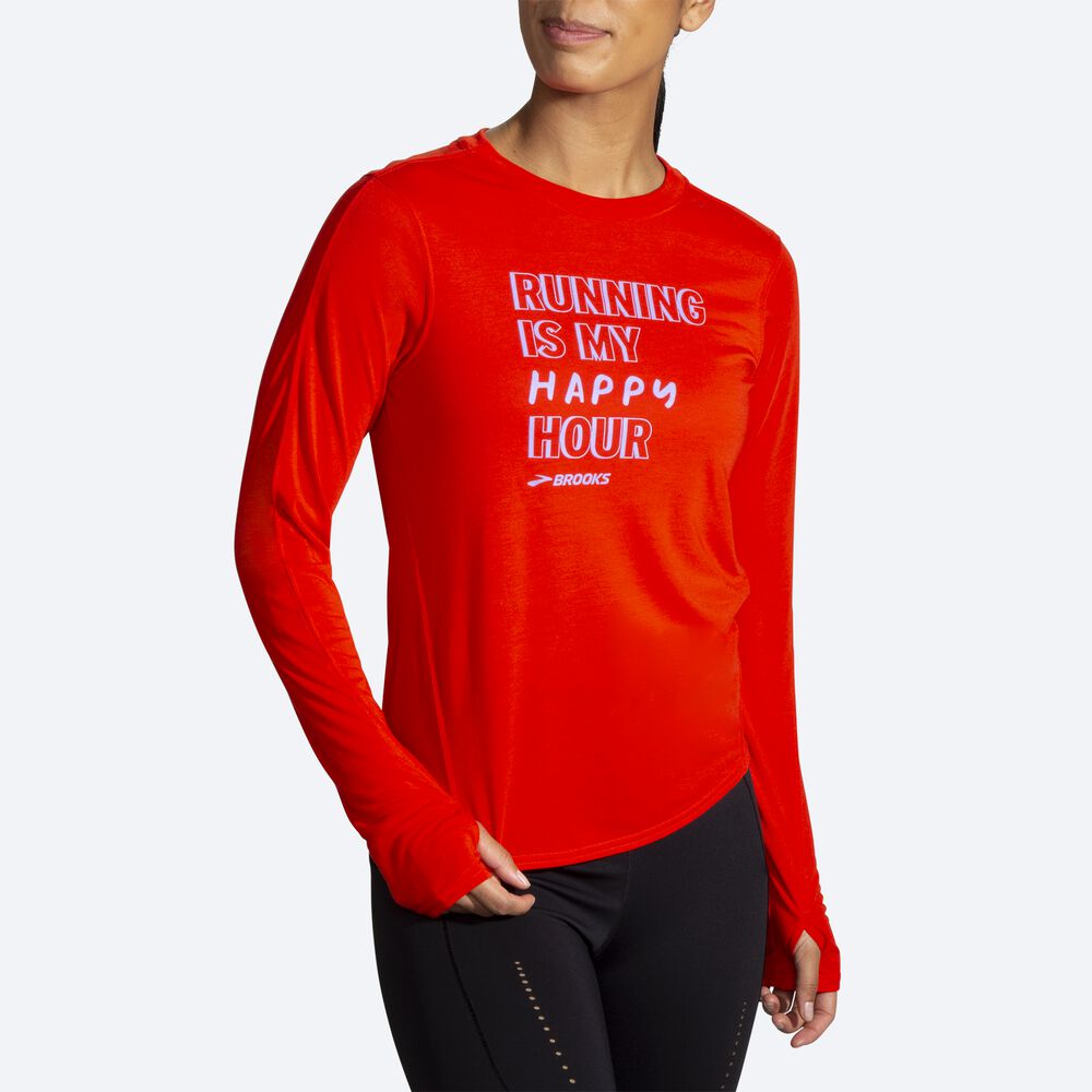 Brooks Distance Baskılı Long Sleeve Kadın Tişört Kırmızı | TR-547326