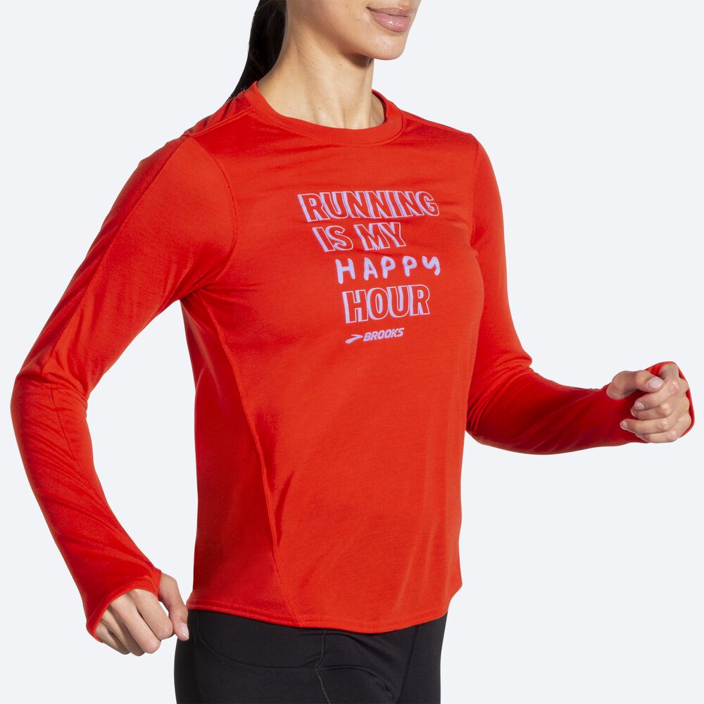 Brooks Distance Baskılı Long Sleeve Kadın Tişört Kırmızı | TR-547326