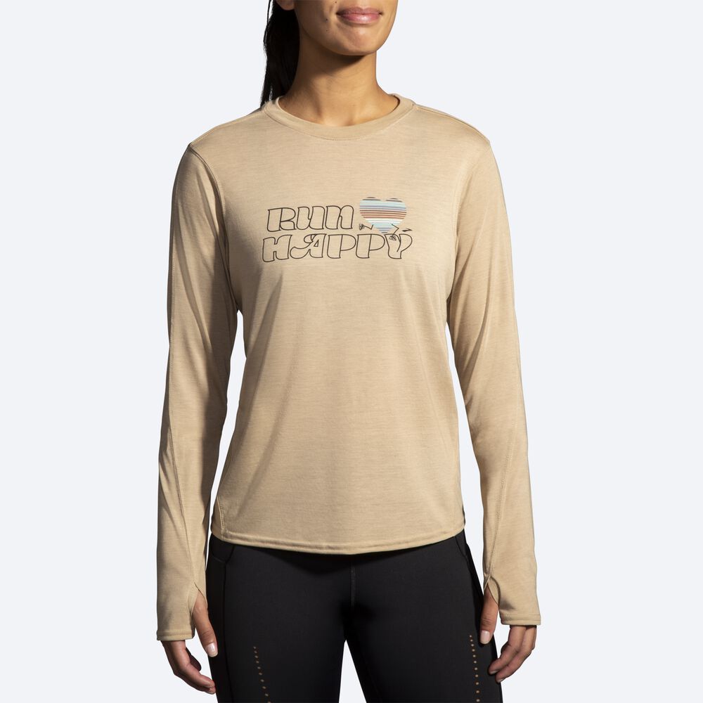 Brooks Distance Baskılı Long Sleeve Kadın Tişört Bej Rengi | TR-798024