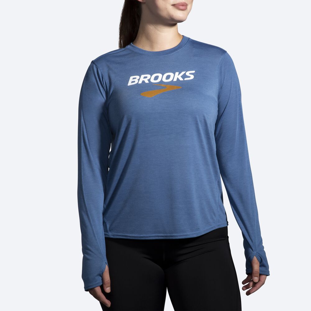 Brooks Distance Baskılı Long Sleeve Kadın Tişört Mavi Gri | TR-823459