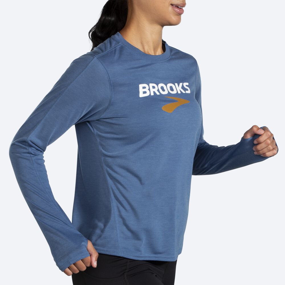 Brooks Distance Baskılı Long Sleeve Kadın Tişört Mavi Gri | TR-823459