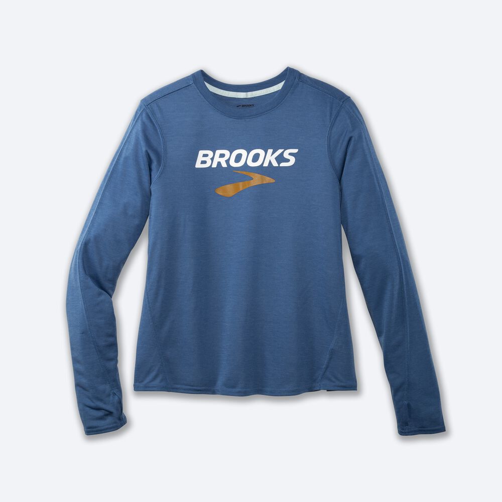 Brooks Distance Baskılı Long Sleeve Kadın Tişört Mavi Gri | TR-823459