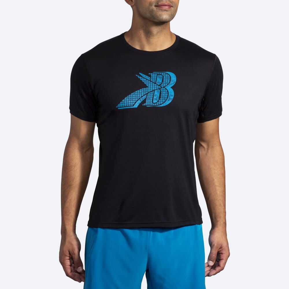 Brooks Distance Baskılı Short Sleeve Erkek Tişört Siyah/Mavi | TR-024897