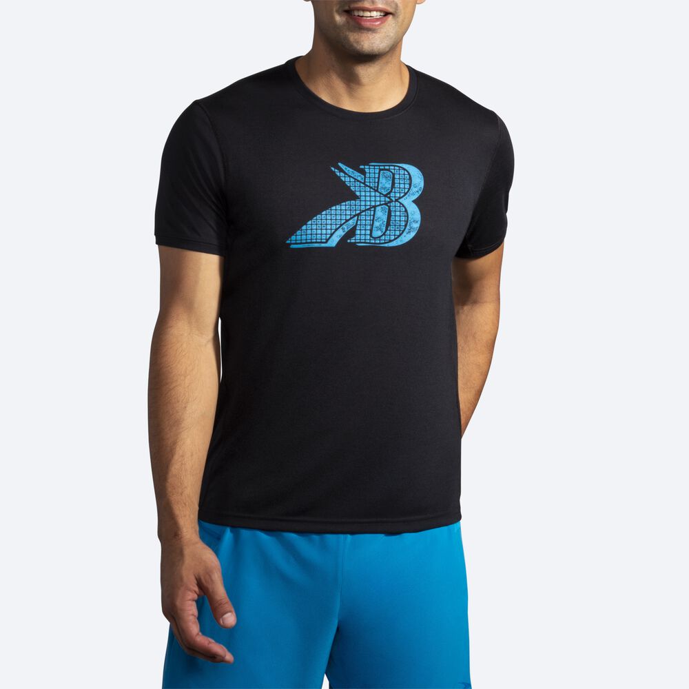 Brooks Distance Baskılı Short Sleeve Erkek Tişört Siyah/Mavi | TR-024897