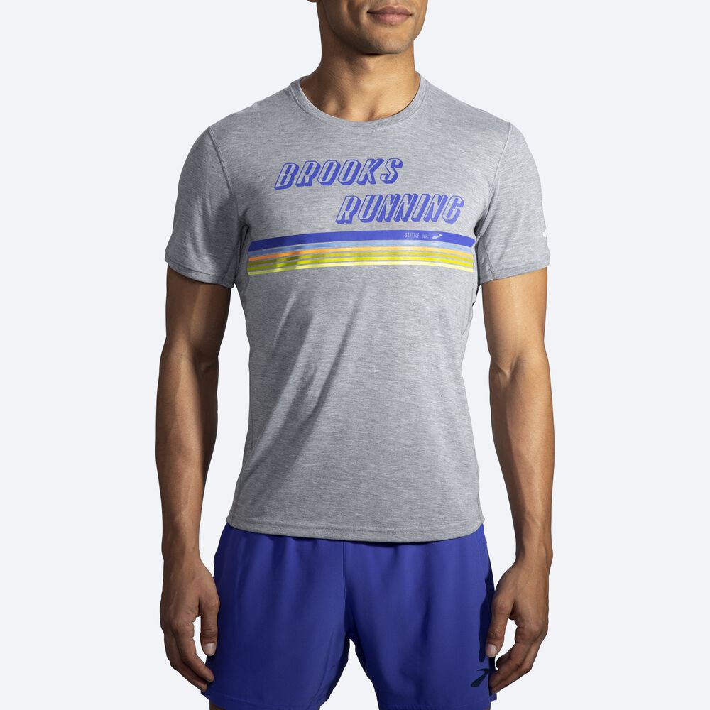 Brooks Distance Baskılı Short Sleeve Erkek Tişört Gri/Çizgili | TR-492037