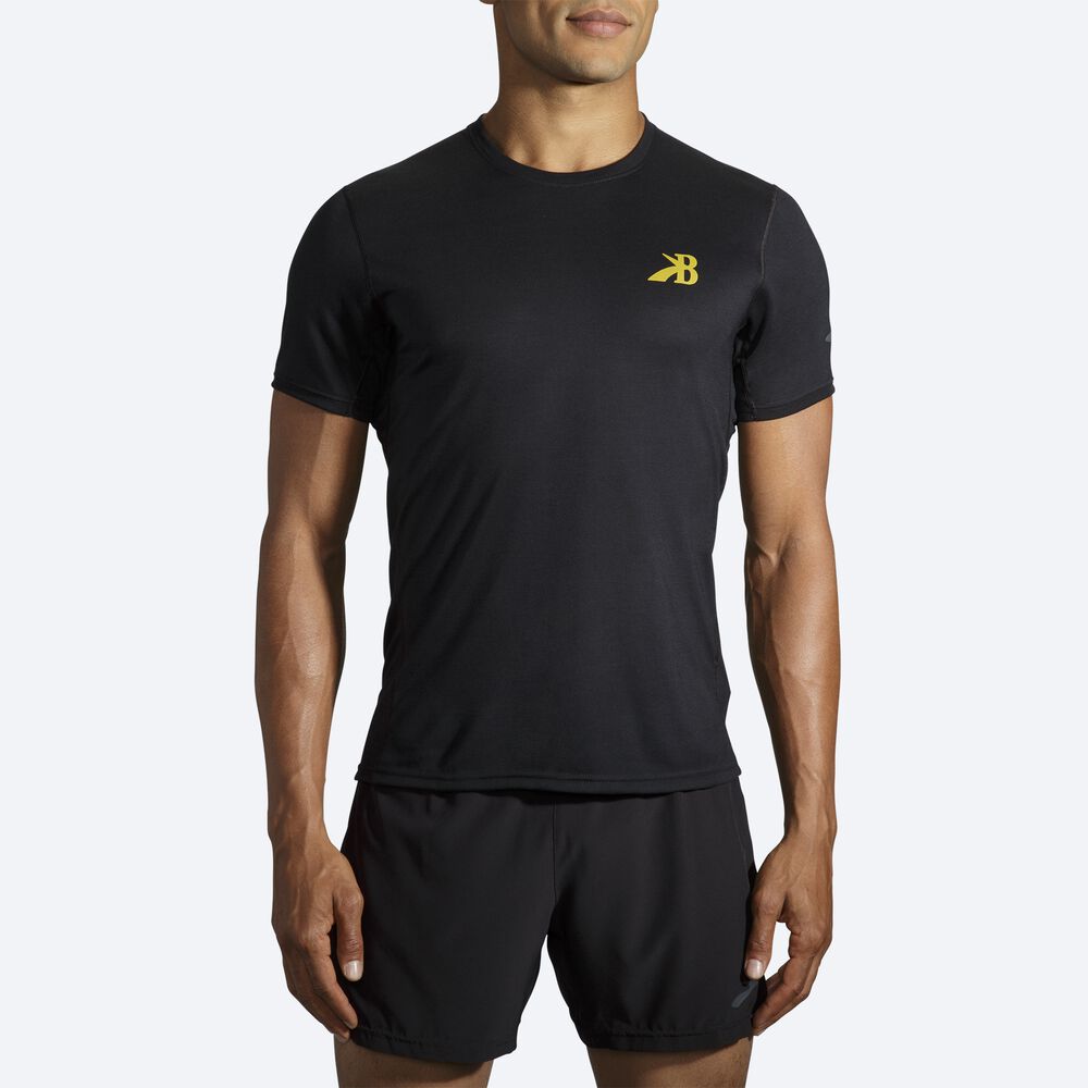 Brooks Distance Baskılı Short Sleeve Erkek Tişört Siyah/Altın | TR-562498