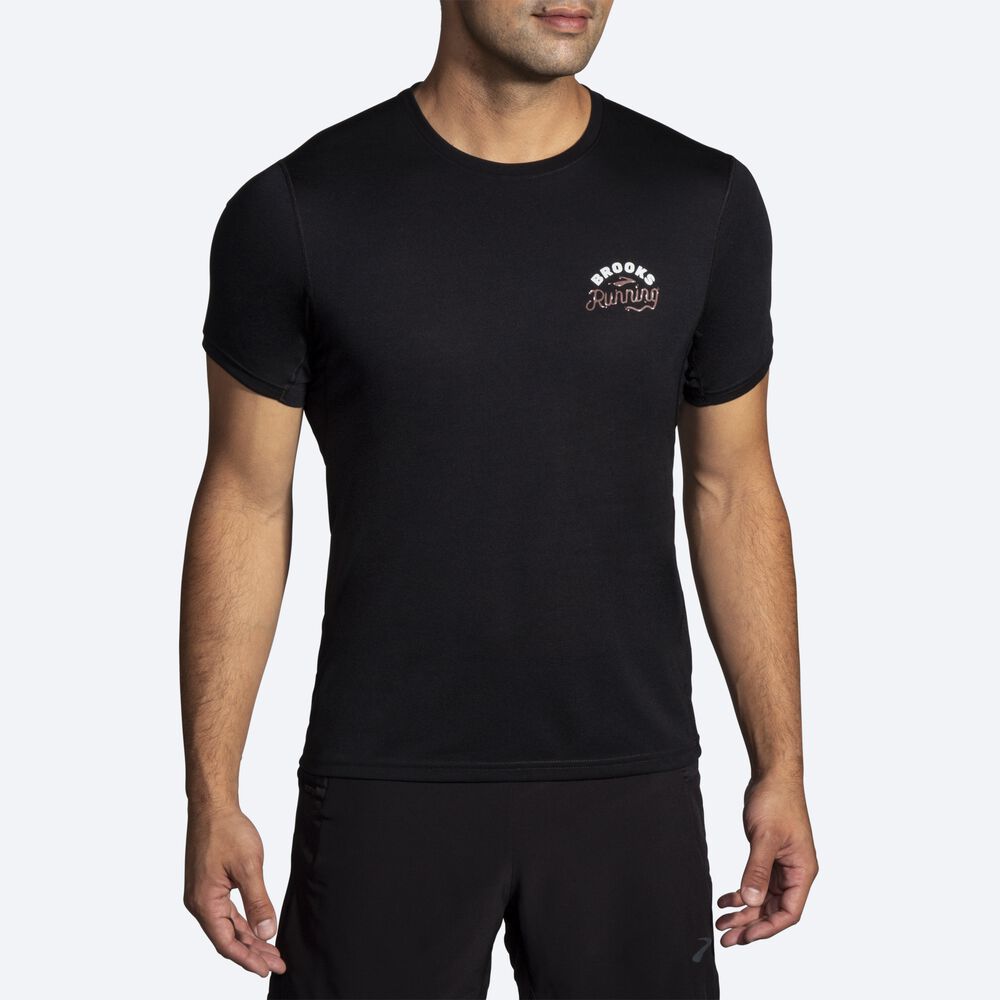 Brooks Distance Baskılı Short Sleeve Erkek Tişört Siyah | TR-906281