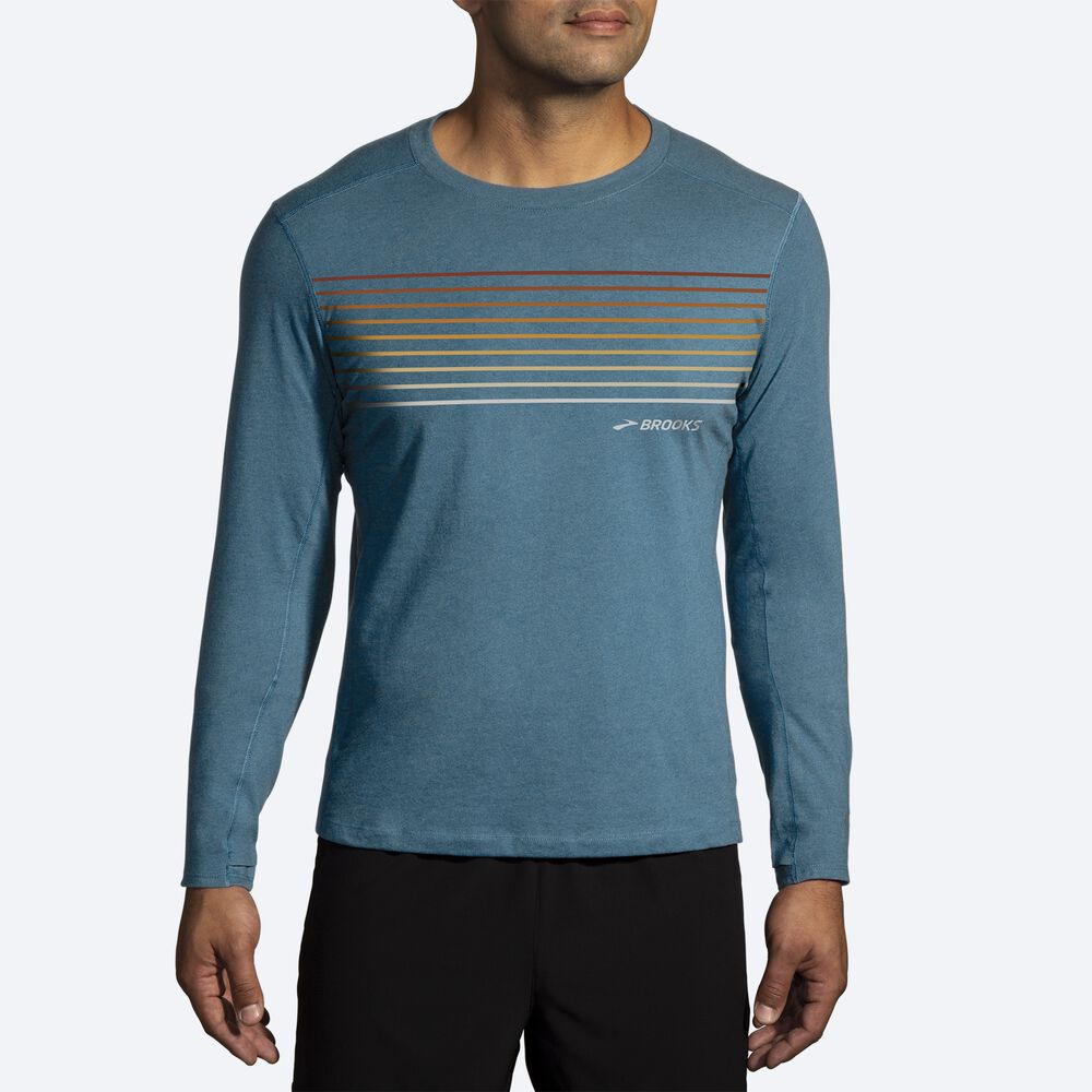 Brooks Distance Long Sleeve 2.0 Erkek Tişört Mavi/Çizgili | TR-638059