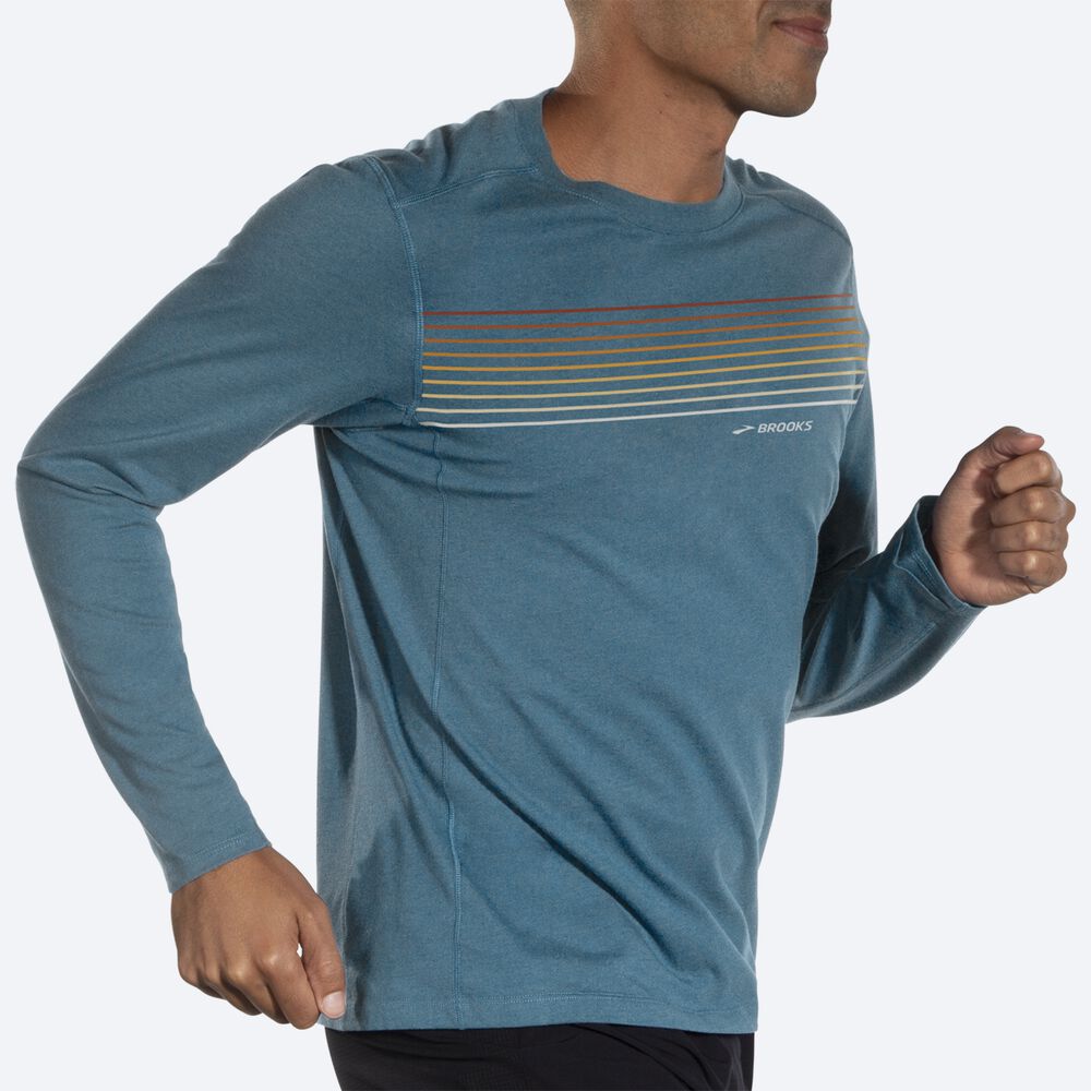 Brooks Distance Long Sleeve 2.0 Erkek Tişört Mavi/Çizgili | TR-638059