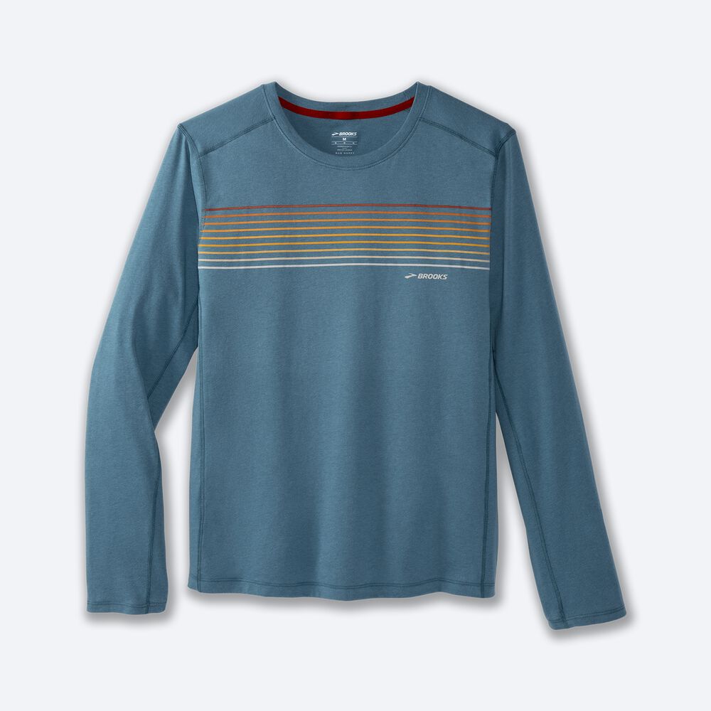 Brooks Distance Long Sleeve 2.0 Erkek Tişört Mavi/Çizgili | TR-638059