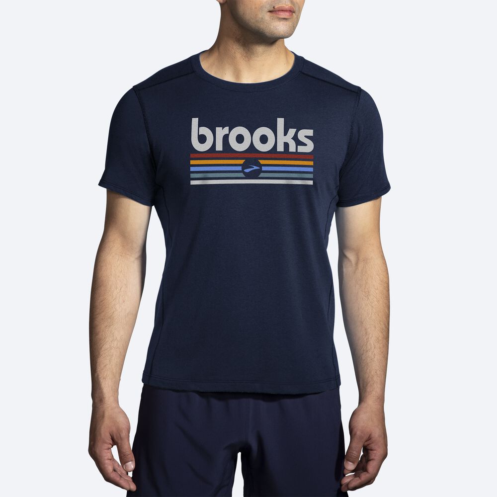 Brooks Distance Short Sleeve 2.0 Erkek Tişört Lacivert/Çizgili | TR-672401