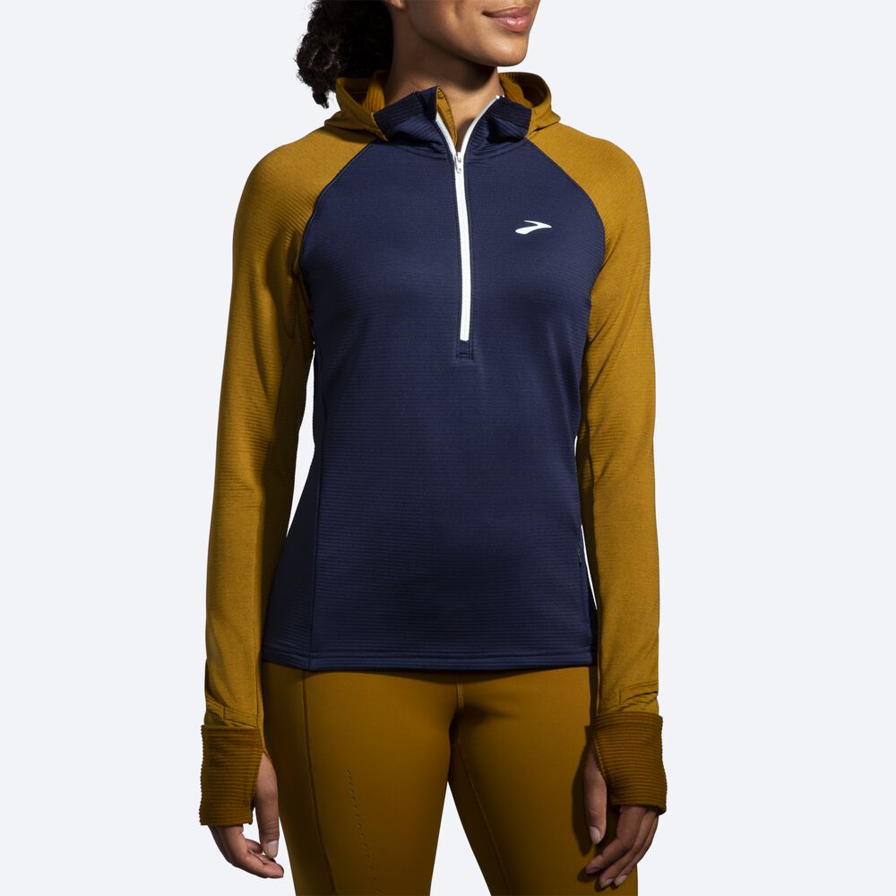 Brooks Notch Thermal 2.0 Kadın Kapüşonlu Sweatshirt Zeytin Yeşili/Lacivert/Mavi | TR-015869