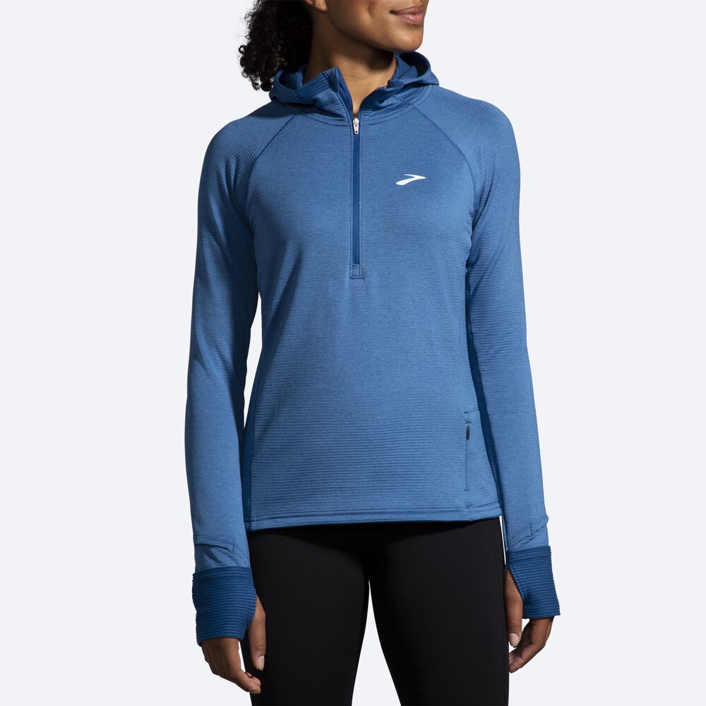 Brooks Notch Thermal 2.0 Kadın Kapüşonlu Sweatshirt Mavi Gri | TR-710453