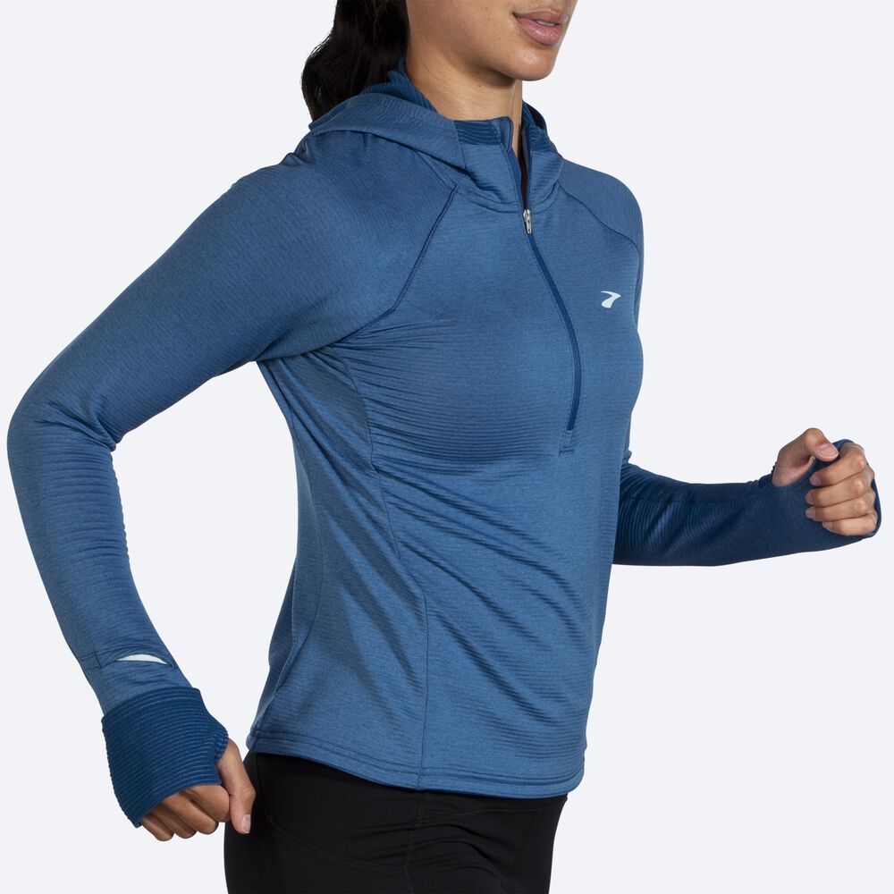 Brooks Notch Thermal 2.0 Kadın Kapüşonlu Sweatshirt Mavi Gri | TR-710453