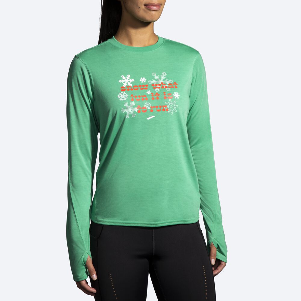 Brooks Run Merry Distance Baskılı Long Sleeve Kadın Tişört Yeşil | TR-402165