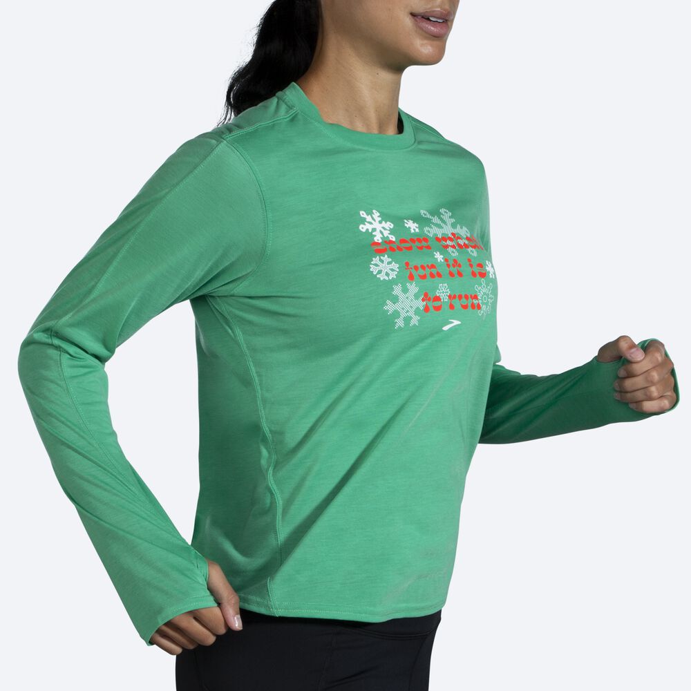 Brooks Run Merry Distance Baskılı Long Sleeve Kadın Tişört Yeşil | TR-402165