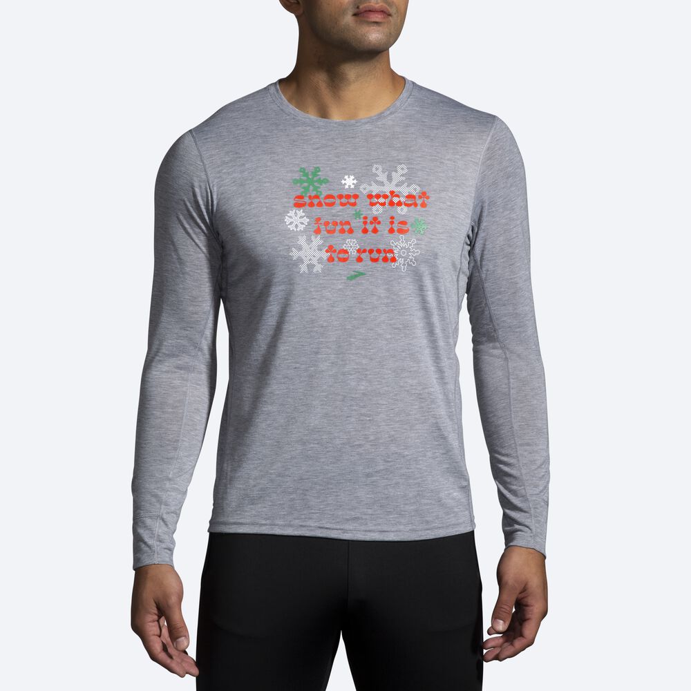 Brooks Run Merry Distance Baskılı Long Sleeve Erkek Tişört Gri | TR-918524