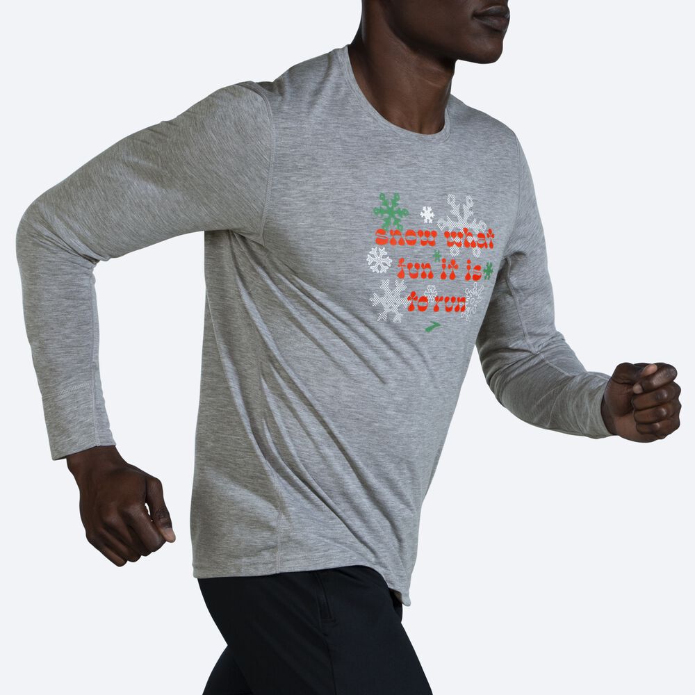 Brooks Run Merry Distance Baskılı Long Sleeve Erkek Tişört Gri | TR-918524